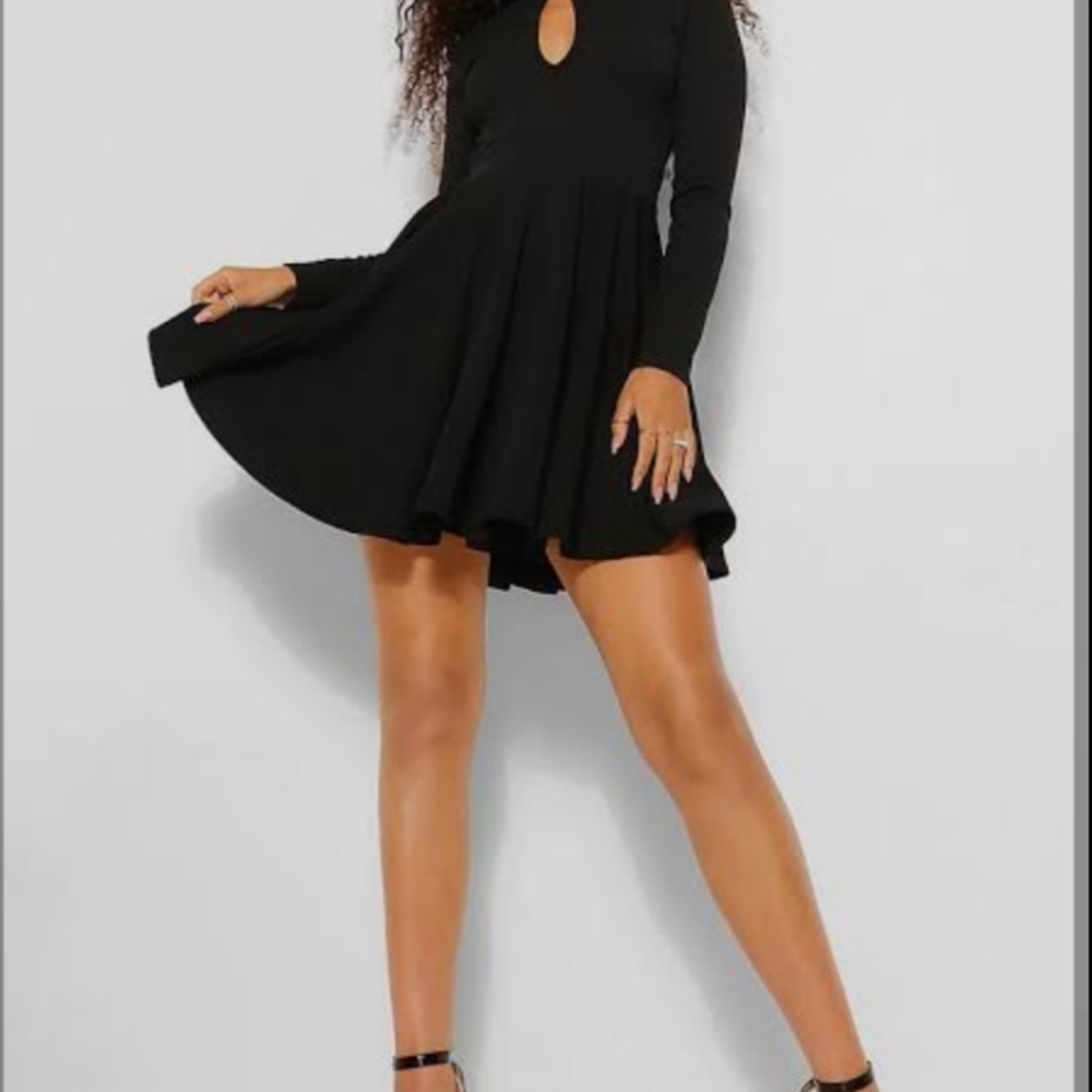 Elegant Sexy Keyhole Skater Black Long Sleeve Dress